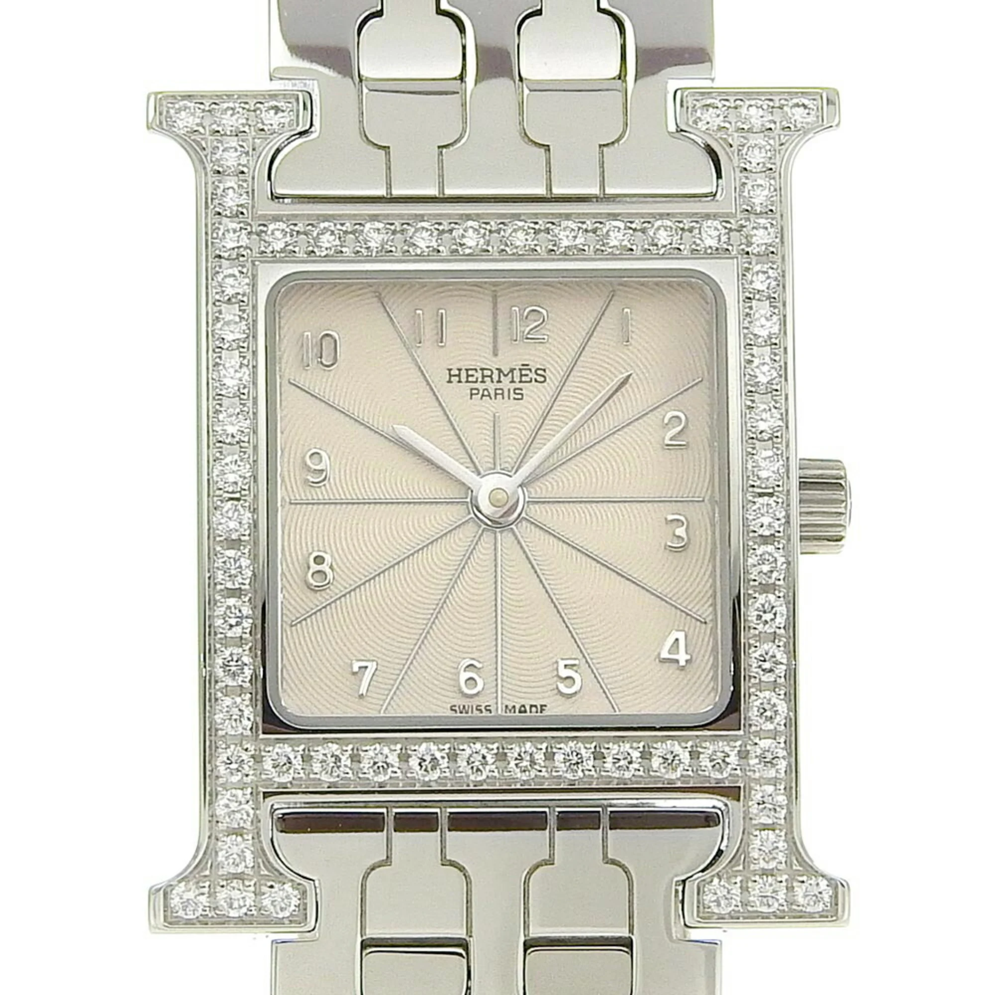 Herm&egrave;s Heure H reference HH1.230 in steel with a diamond bezel and ivory dial