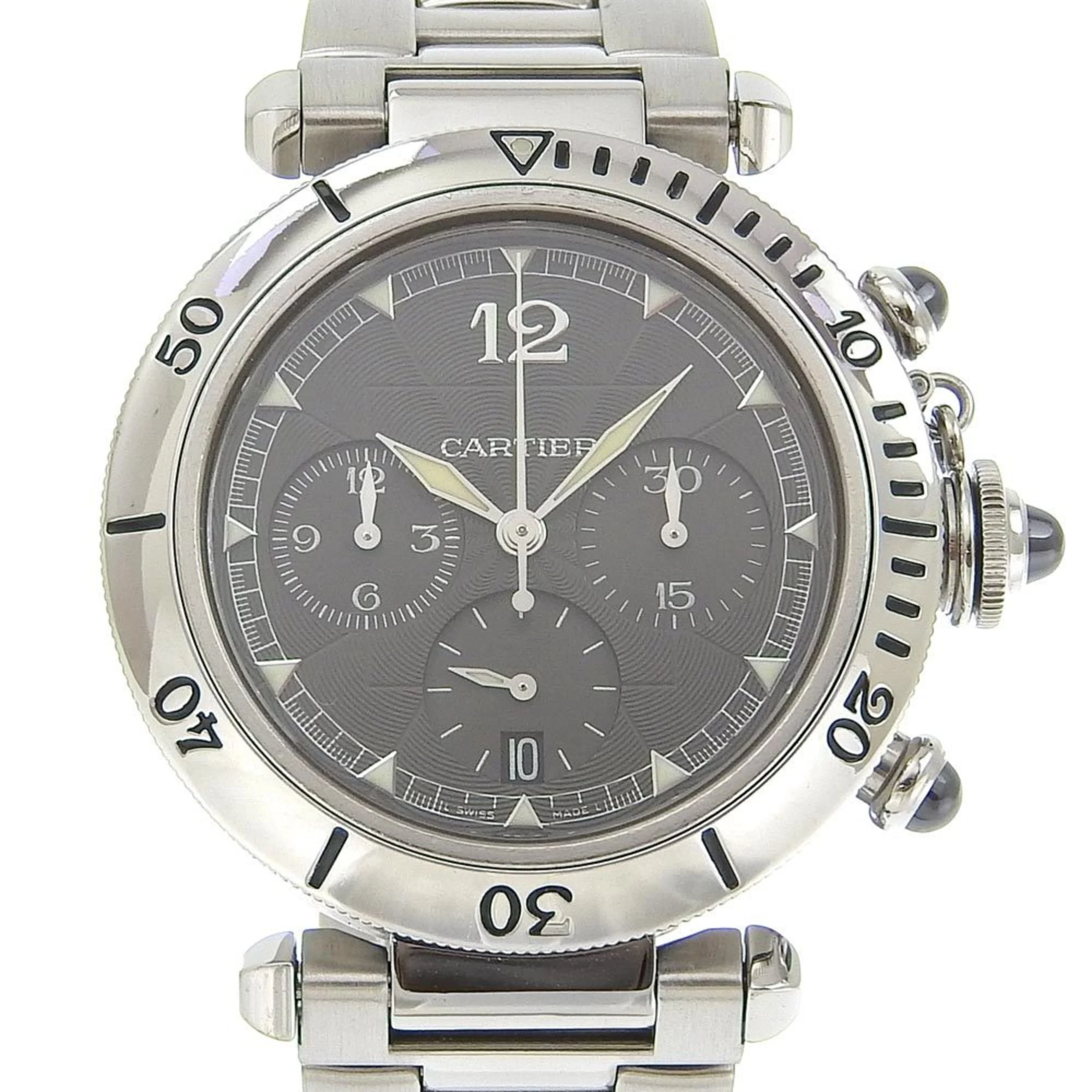 Cartier Pasha chronograph in stainless steel, reference W3107355, caliber 205, grey dial with see-through back