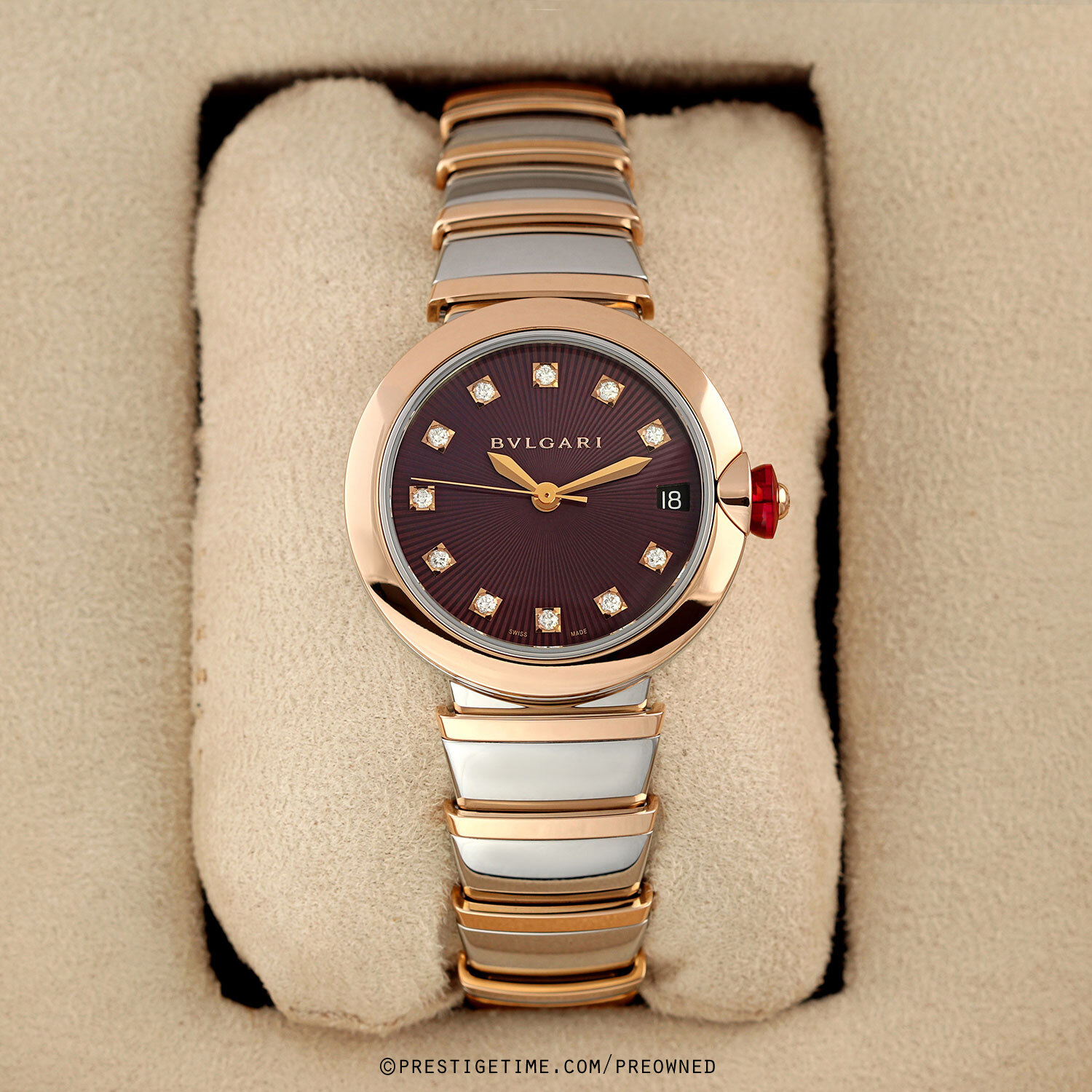 Bulgari Lucea in two-tone steel and rose gold with a purple dial and diamond markers, ref 102497