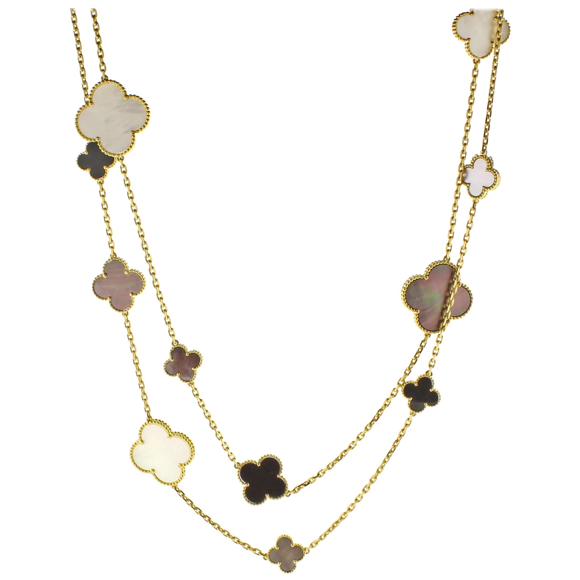 Magic Alhambra long necklace with mixed-size mother-of-pearl and onyx motifs