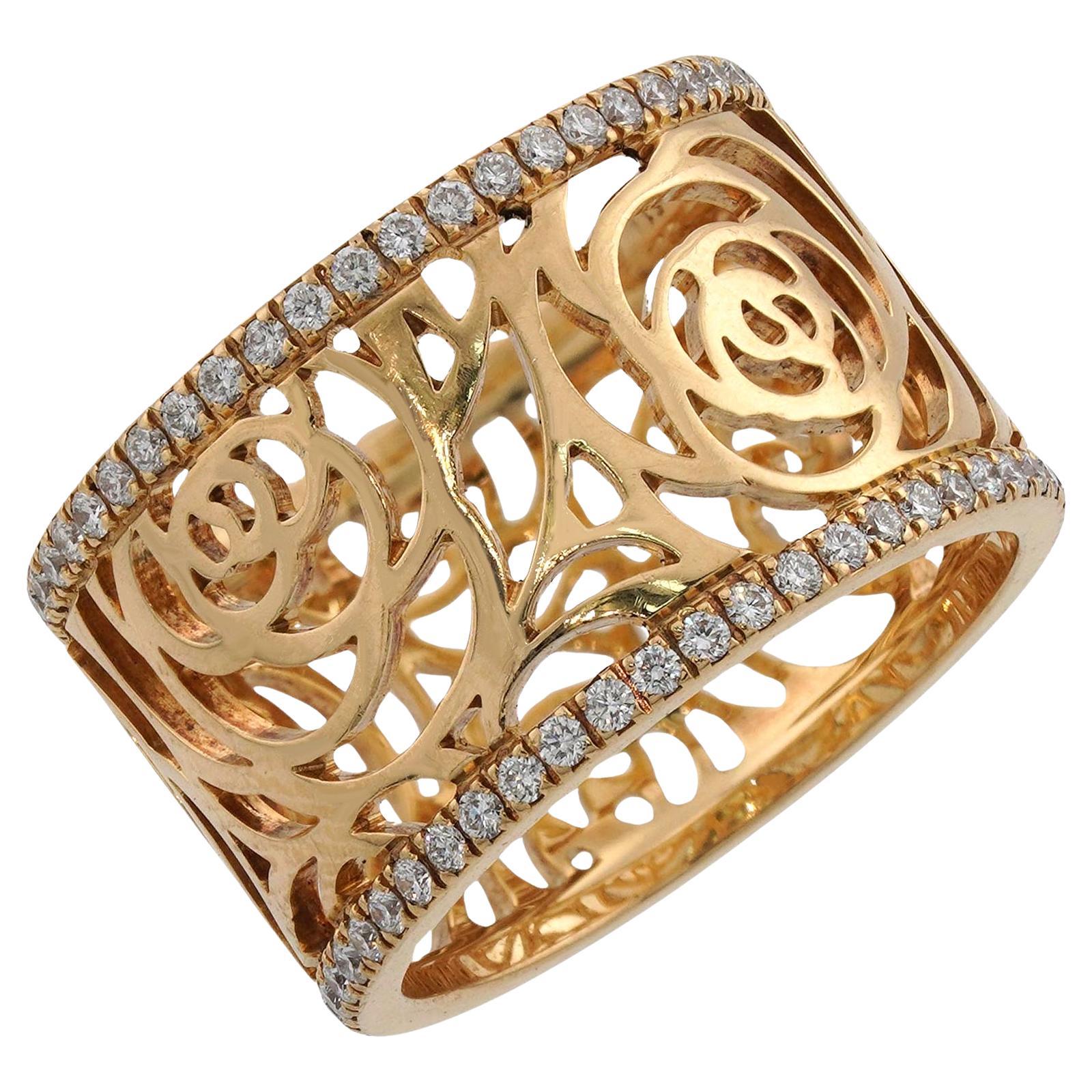 A Camélia openwork gold-and-diamond ring — the sculpted-flower style that offers strong pre-owned value.