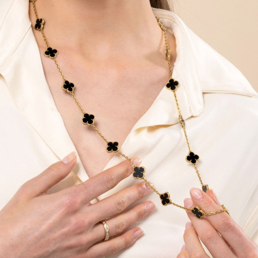 Vintage Alhambra twenty-motif onyx long necklace in 18ct yellow gold