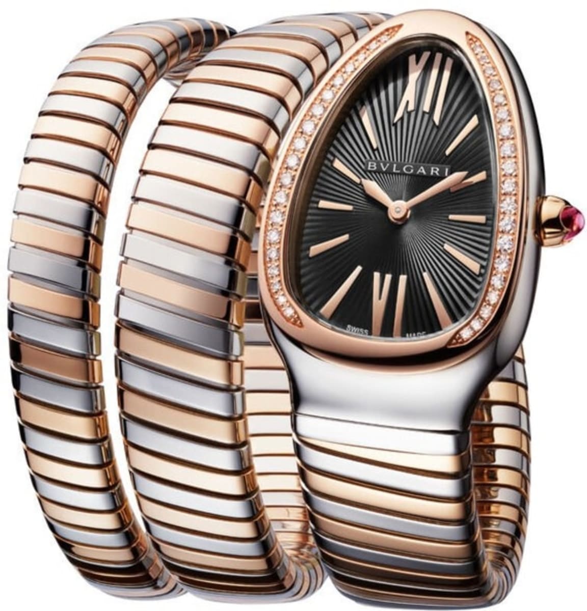 A two-tone Serpenti Tubogas in steel and rose gold — the step up from plain steel.