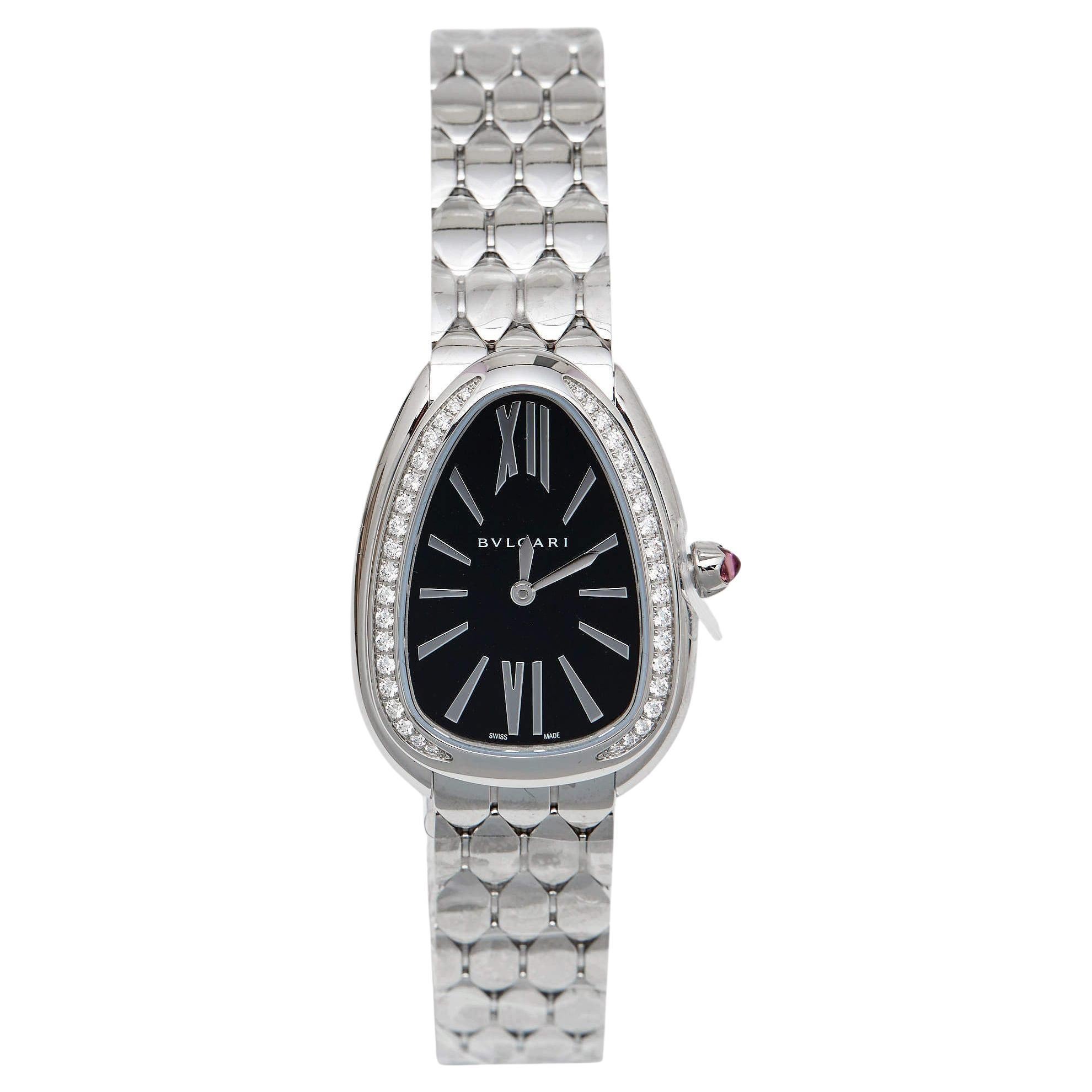 Bulgari Serpenti Seduttori in steel with a diamond-set bezel and black dial