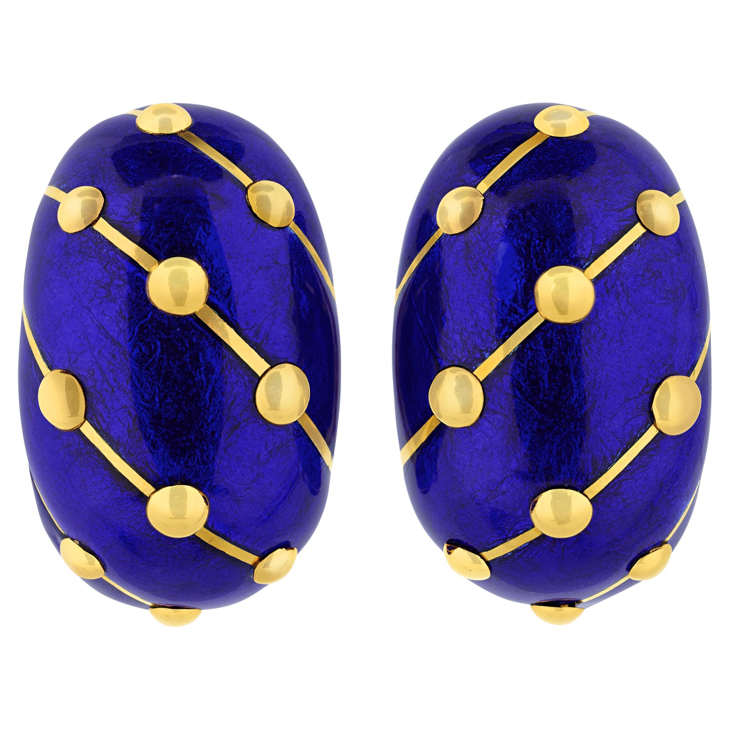 Jean Schlumberger for Tiffany paillonne enamel earrings in blue and gold