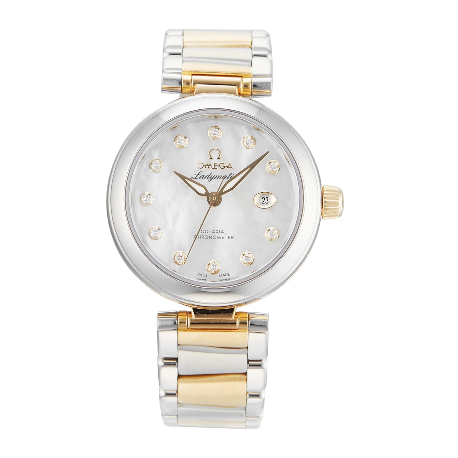 Pre-owned Omega De Ville Ladymatic in two-tone steel and gold with a diamond-set mother-of-pearl dial