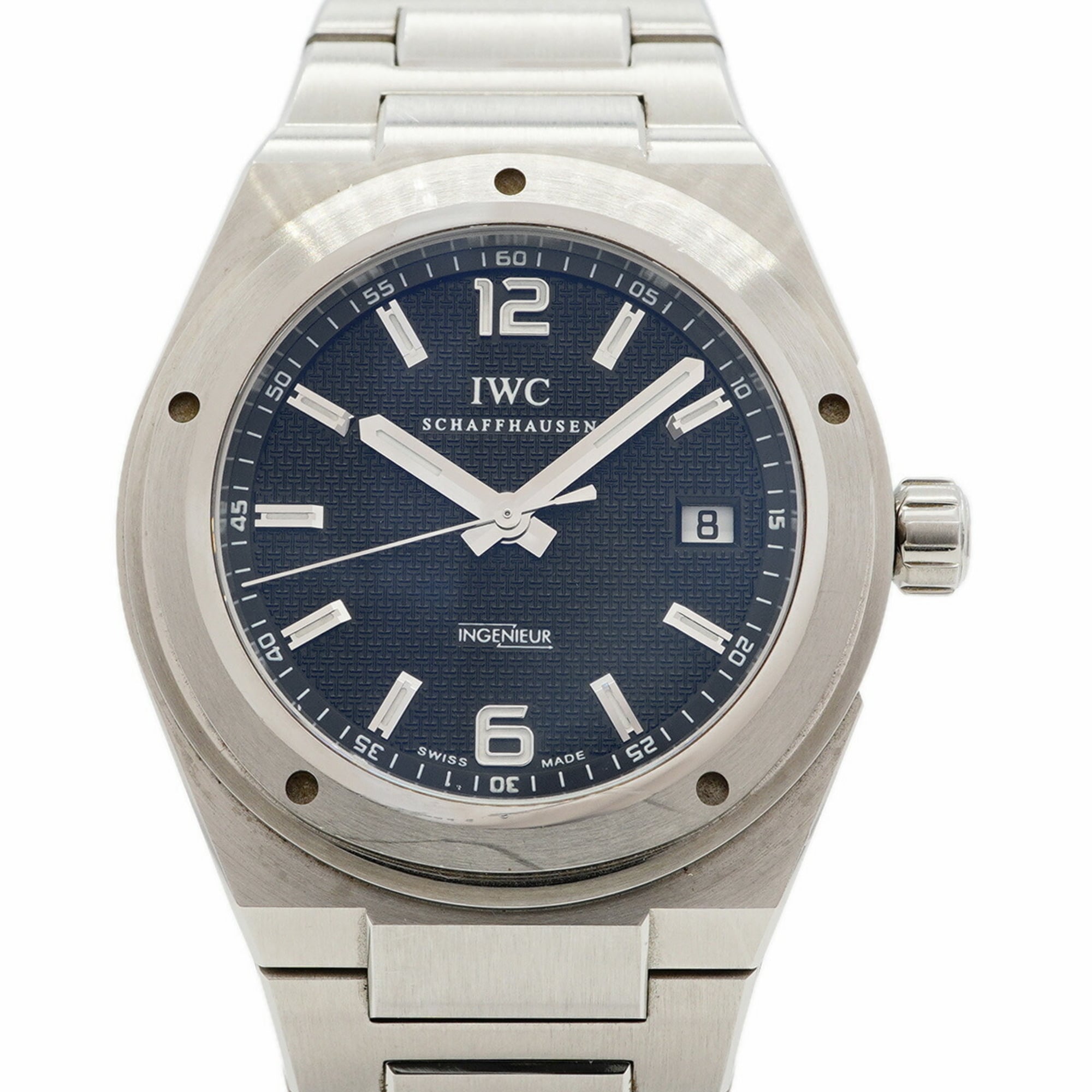 Pre-owned IWC Ingenieur IW322701 with a black dial and integrated steel bracelet