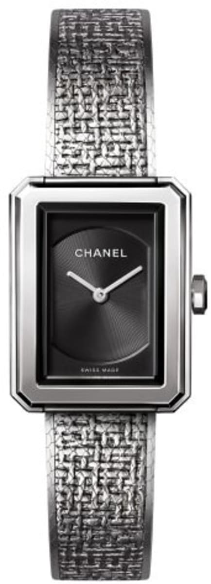 Chanel Boy Friend watch in steel with a black dial and tweed-motif bracelet, ref H4876