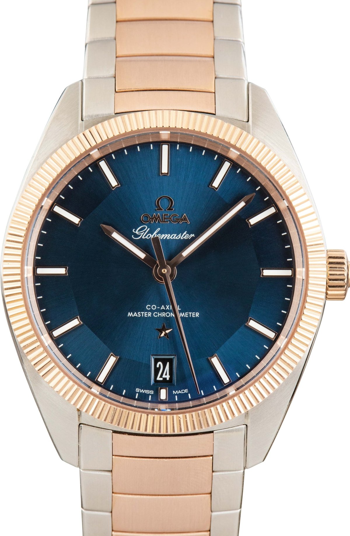 Two-tone steel and Sedna gold Omega Globemaster, blue pie-pan dial
