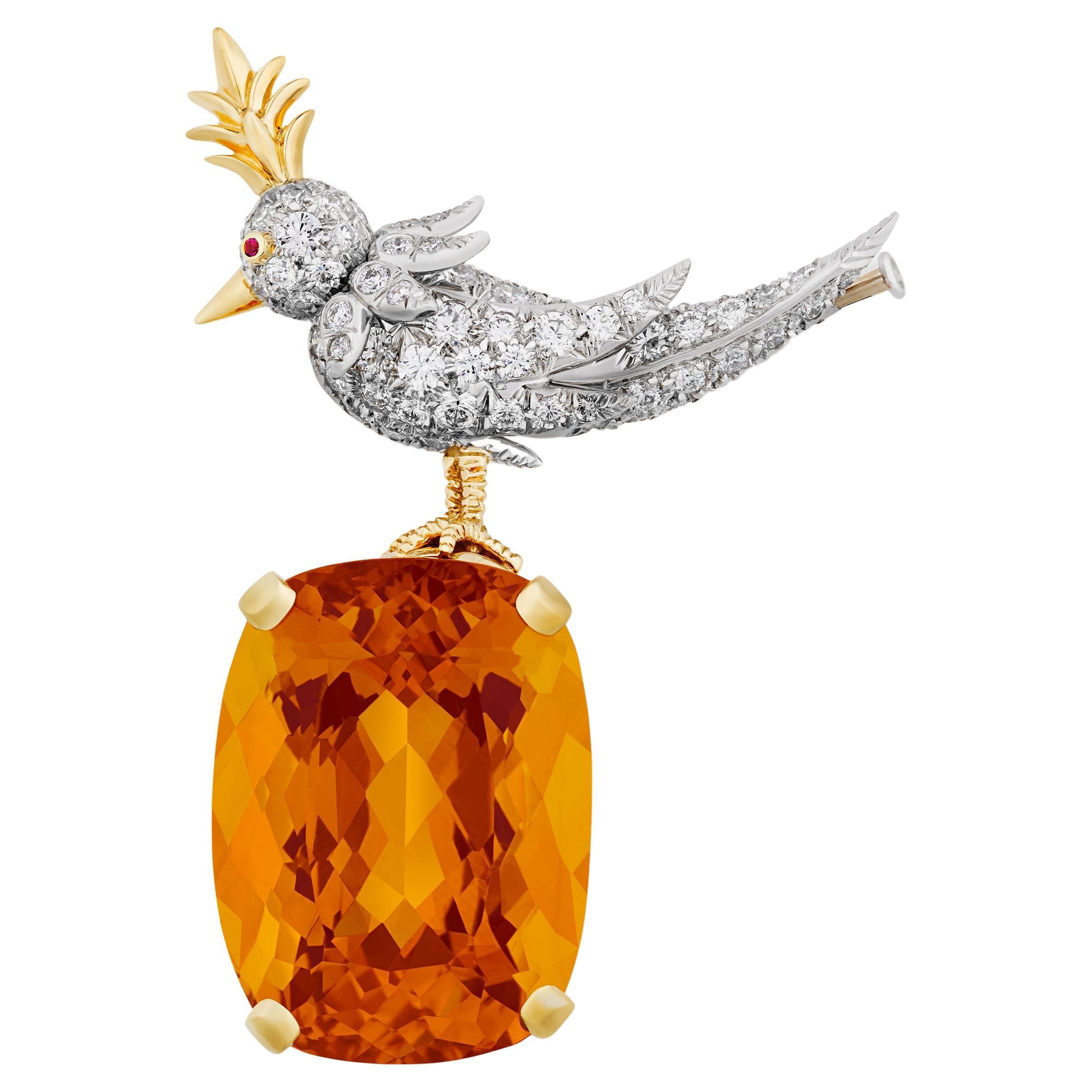 Tiffany Schlumberger Bird on a Rock brooch, diamond bird perched on a citrine