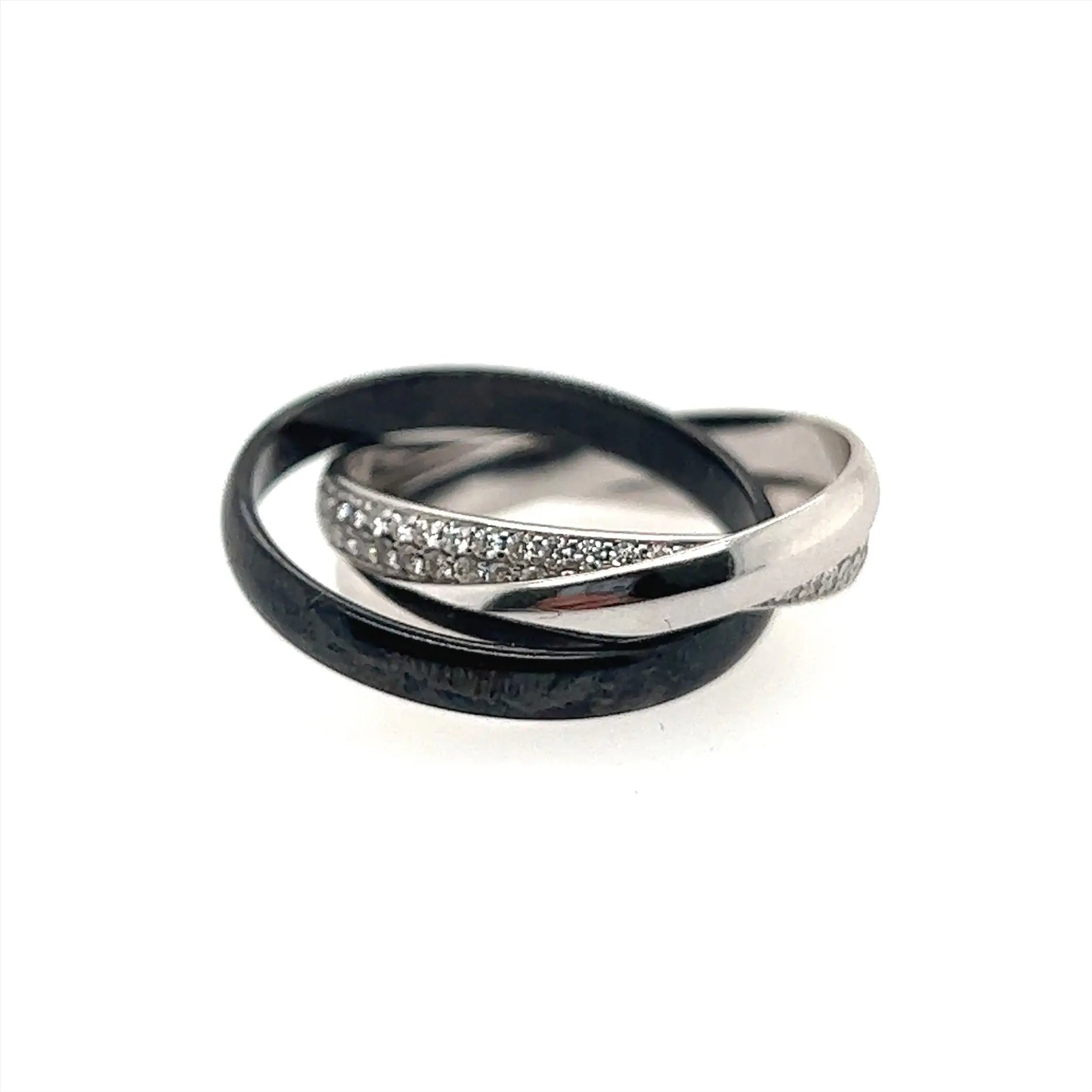 Pre-owned Cartier Trinity ceramic ring in white gold with black ceramic and diamonds
