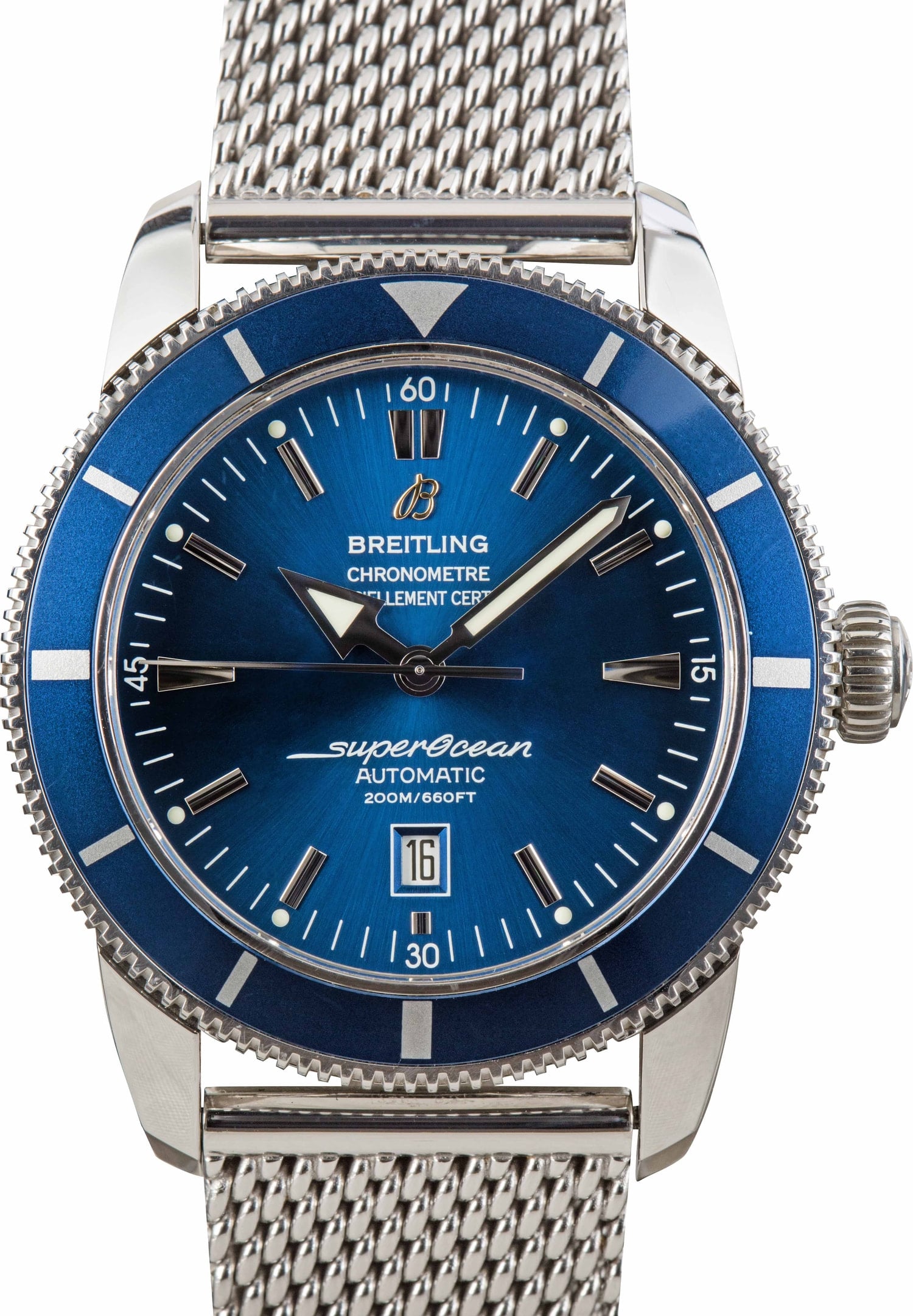 Breitling Superocean Heritage 46 with blue dial on a mesh bracelet