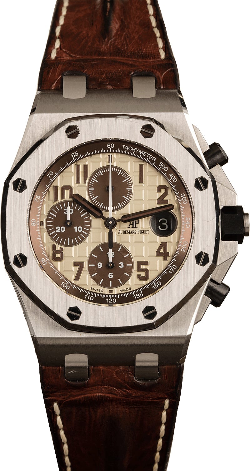 Stainless steel Audemars Piguet Royal Oak Offshore Chronograph with M&eacute;ga Tapisserie dial