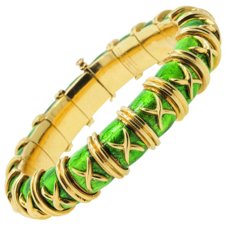 Tiffany Schlumberger Croisillon paillonne enamel bangle in green and gold