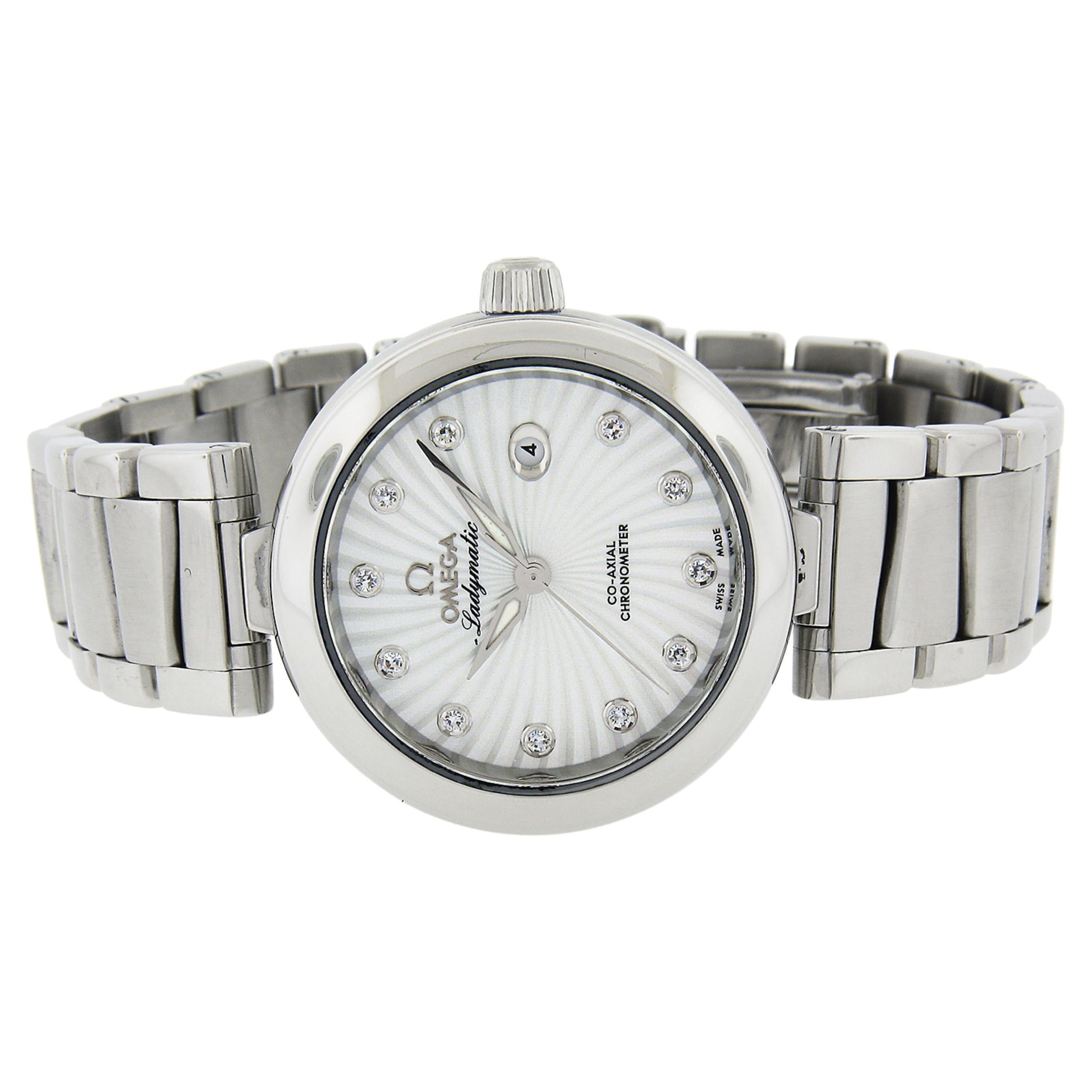 Omega De Ville Ladymatic in steel with a mother-of-pearl dial and diamond hour markers