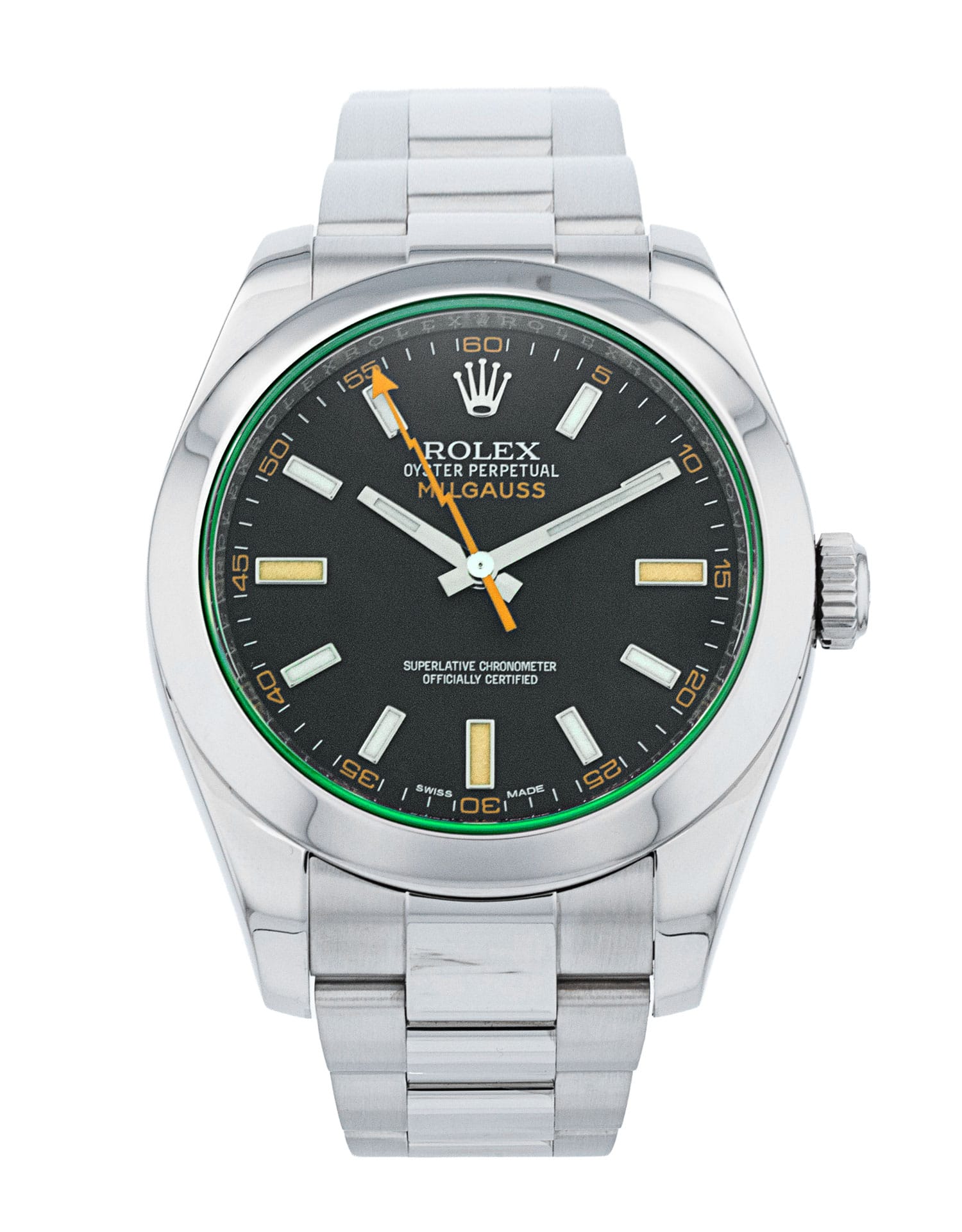 Rolex Milgauss 116400GV black dial with the orange lightning-bolt seconds hand