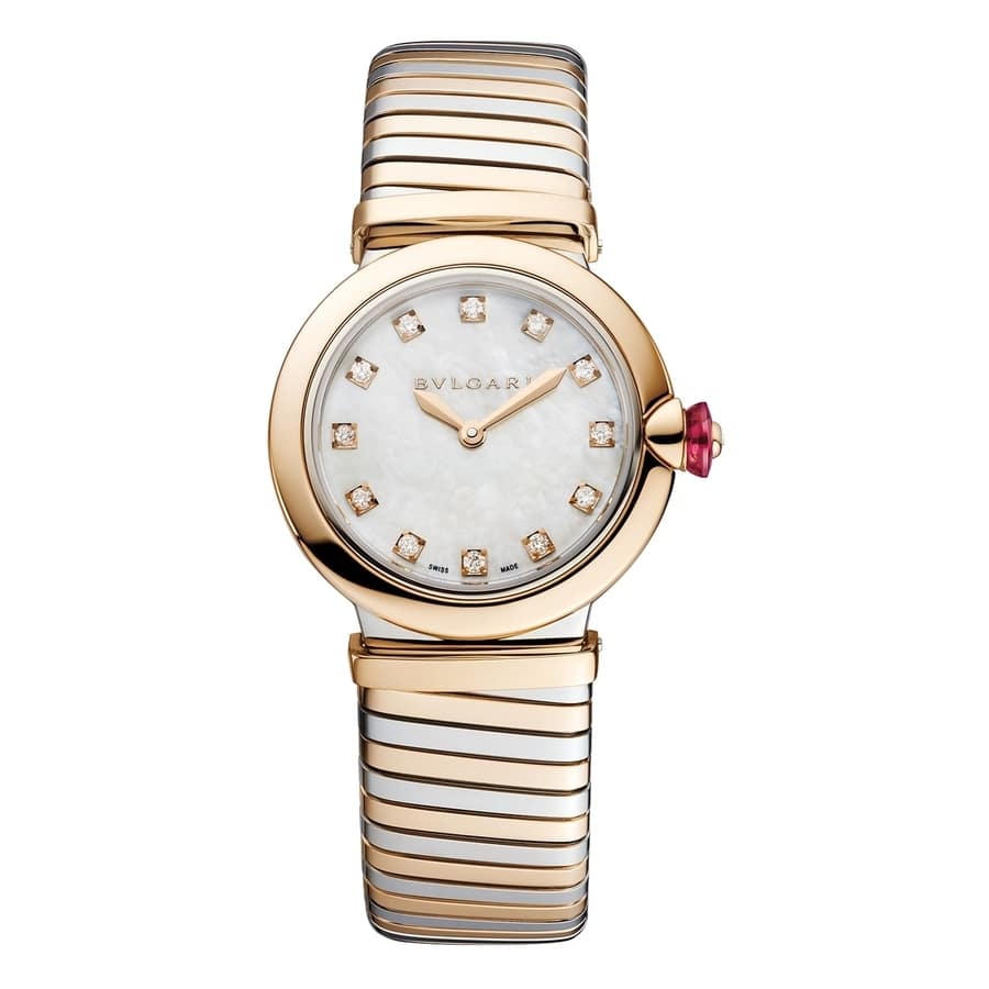 Bulgari Lucea 28mm quartz in two-tone steel and rose gold with a white mother-of-pearl dial, ref 102952