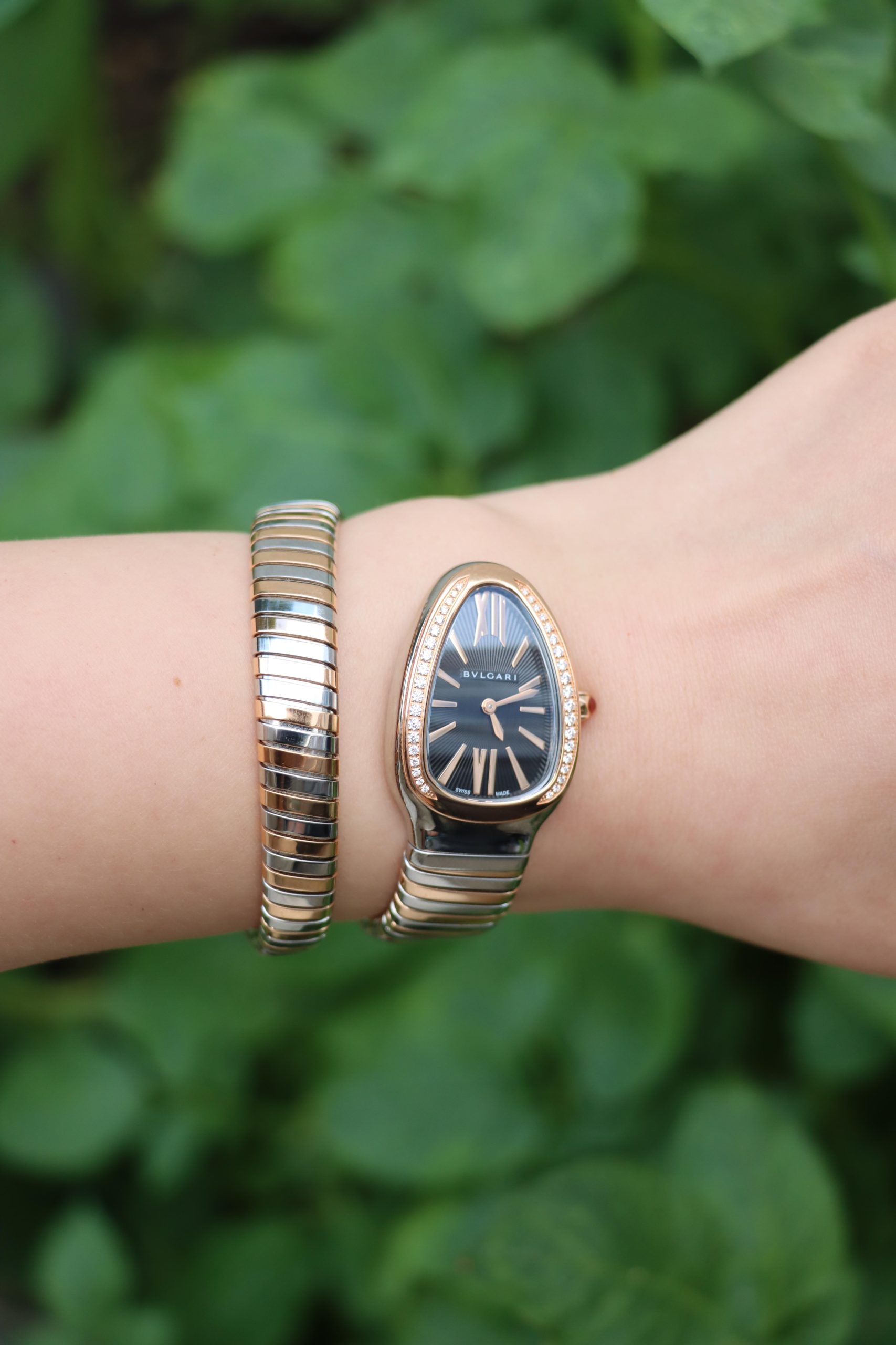 A Bulgari Serpenti Tubogas watch worn on the wrist