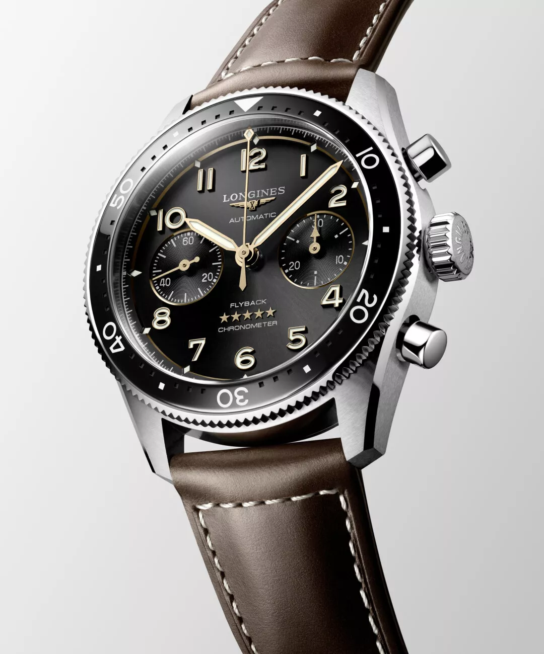 Longines Spirit Flyback chronograph with a black dial on a leather strap