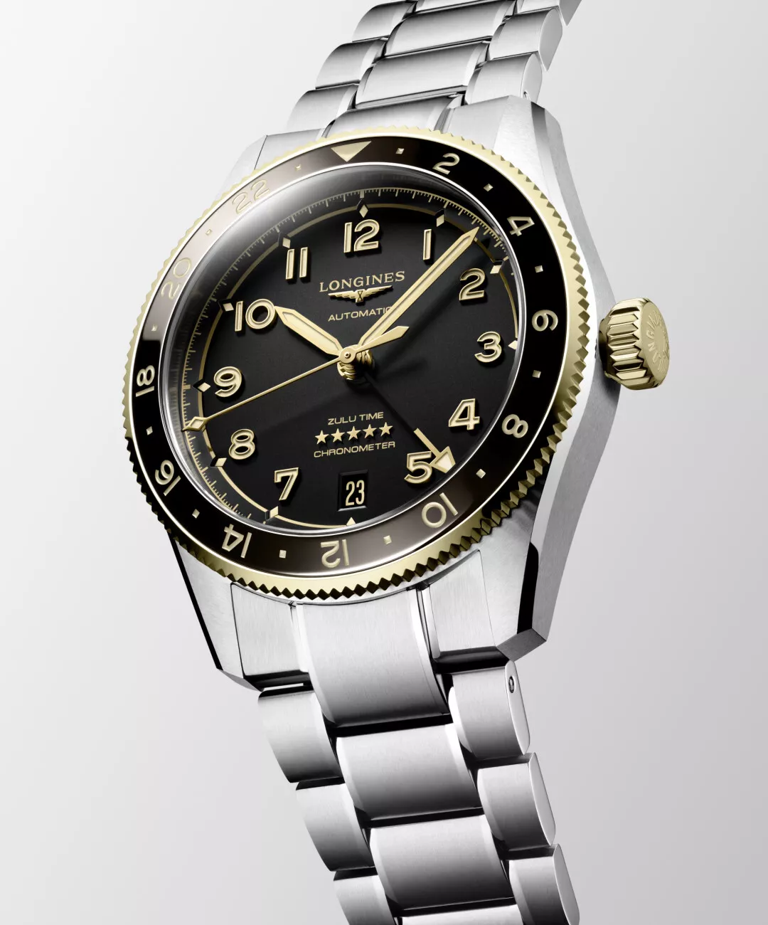 Longines Spirit Zulu Time GMT with an anthracite dial on a two-tone bracelet