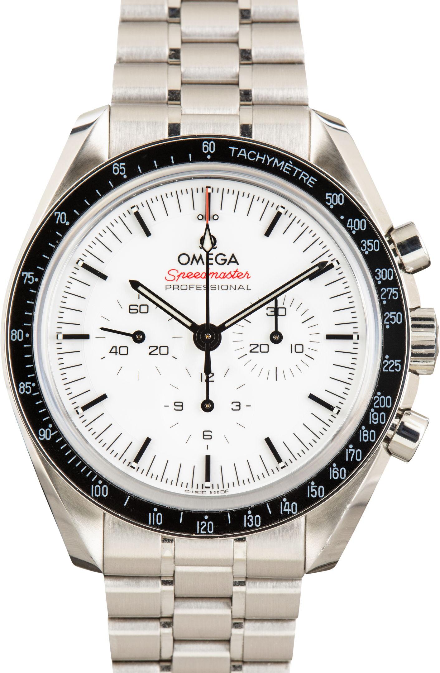 Pre-owned Omega Speedmaster Moonwatch Professional with white lacquer dial on steel bracelet