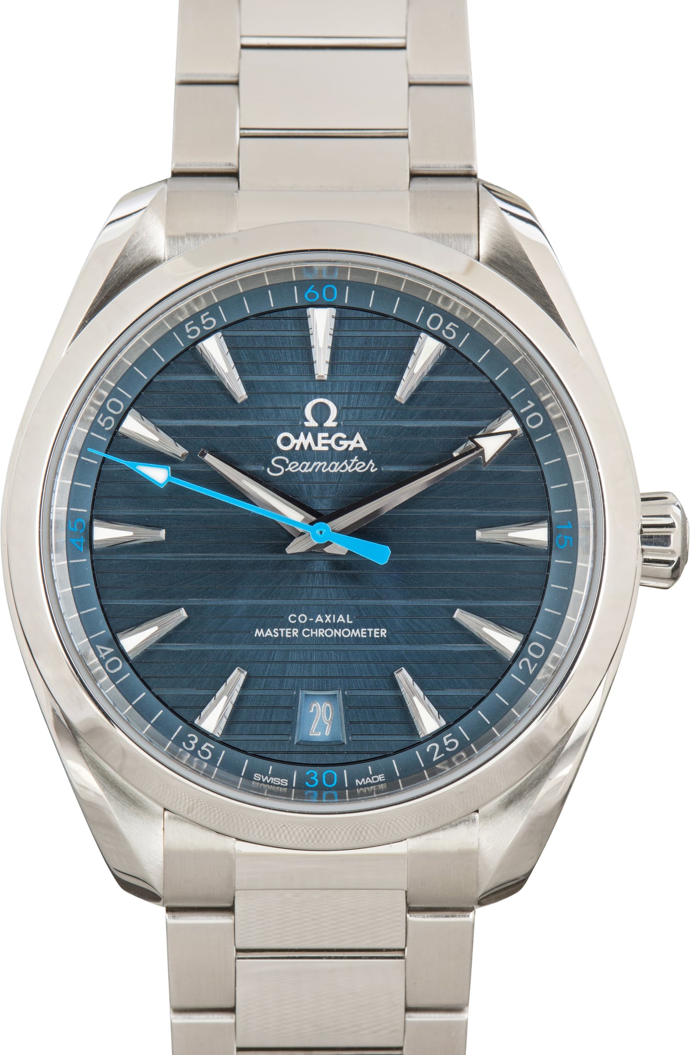 Pre-owned Omega Seamaster Aqua Terra 150M in steel with blue teak dial