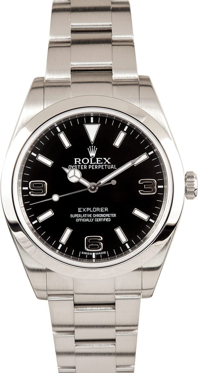 Rolex Explorer 214270, 39mm steel, black dial with 3-6-9 numerals — the everyman Rolex tool watch.