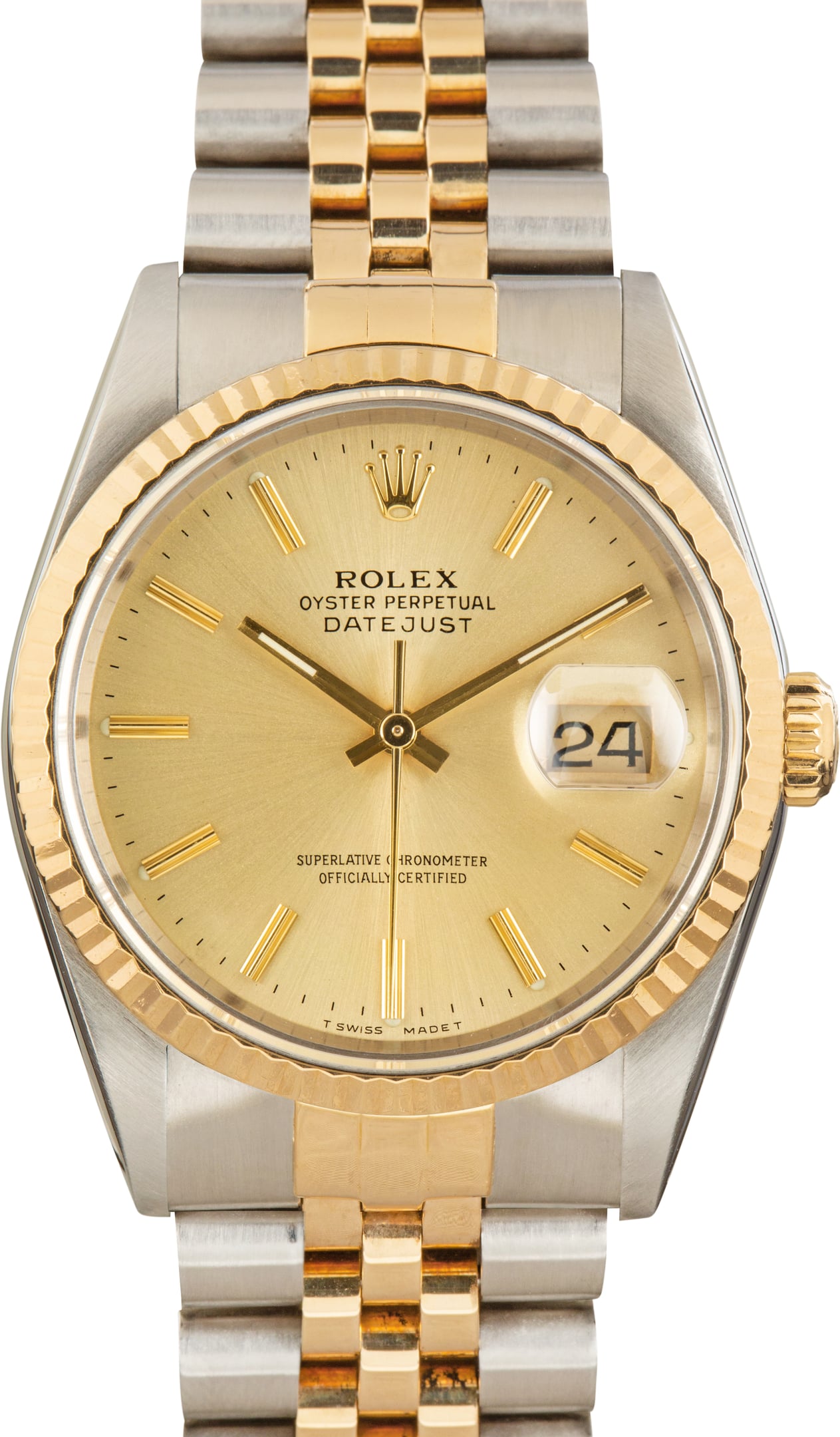 Rolex Datejust 36 in two-tone steel and yellow gold with a champagne dial — the classic 1980s and 1990s look.