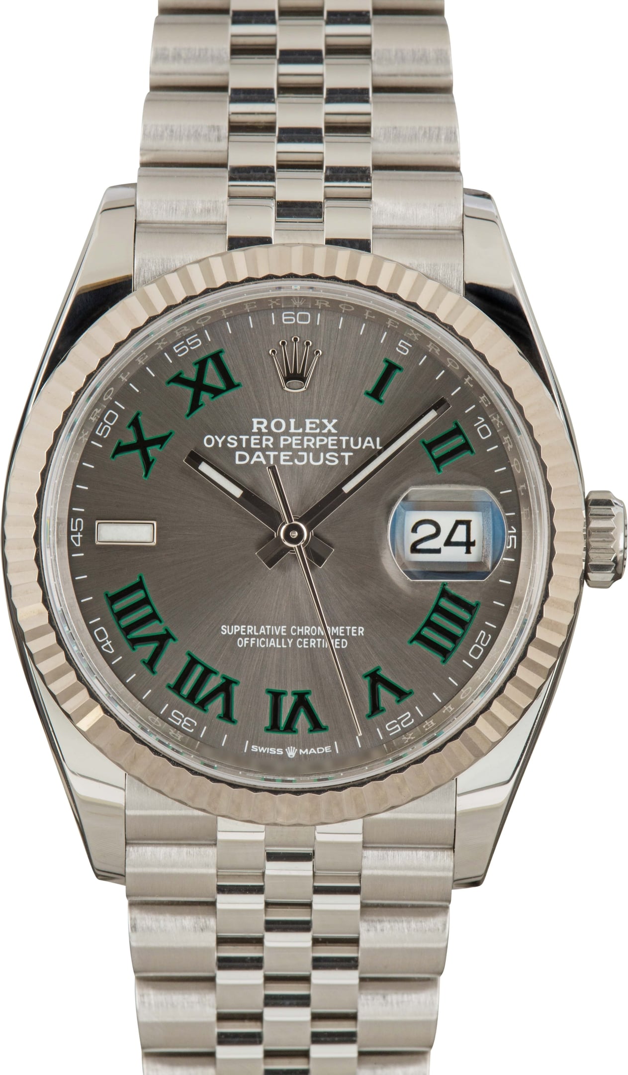 Pre-owned Rolex Datejust 36 ref 126234 with slate Wimbledon Roman dial and fluted white-gold bezel