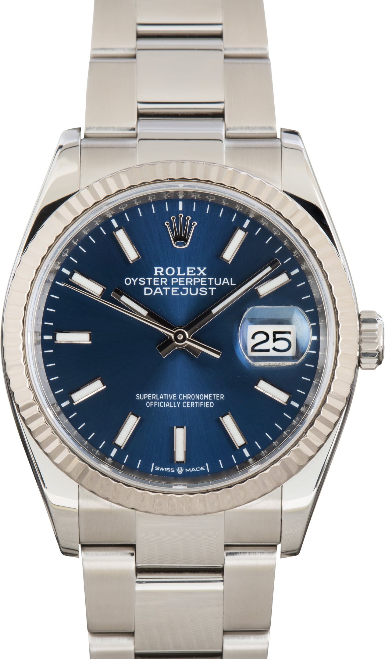 Pre-owned Rolex Datejust 36 ref 126234 with blue sunray dial and fluted bezel on Oyster bracelet
