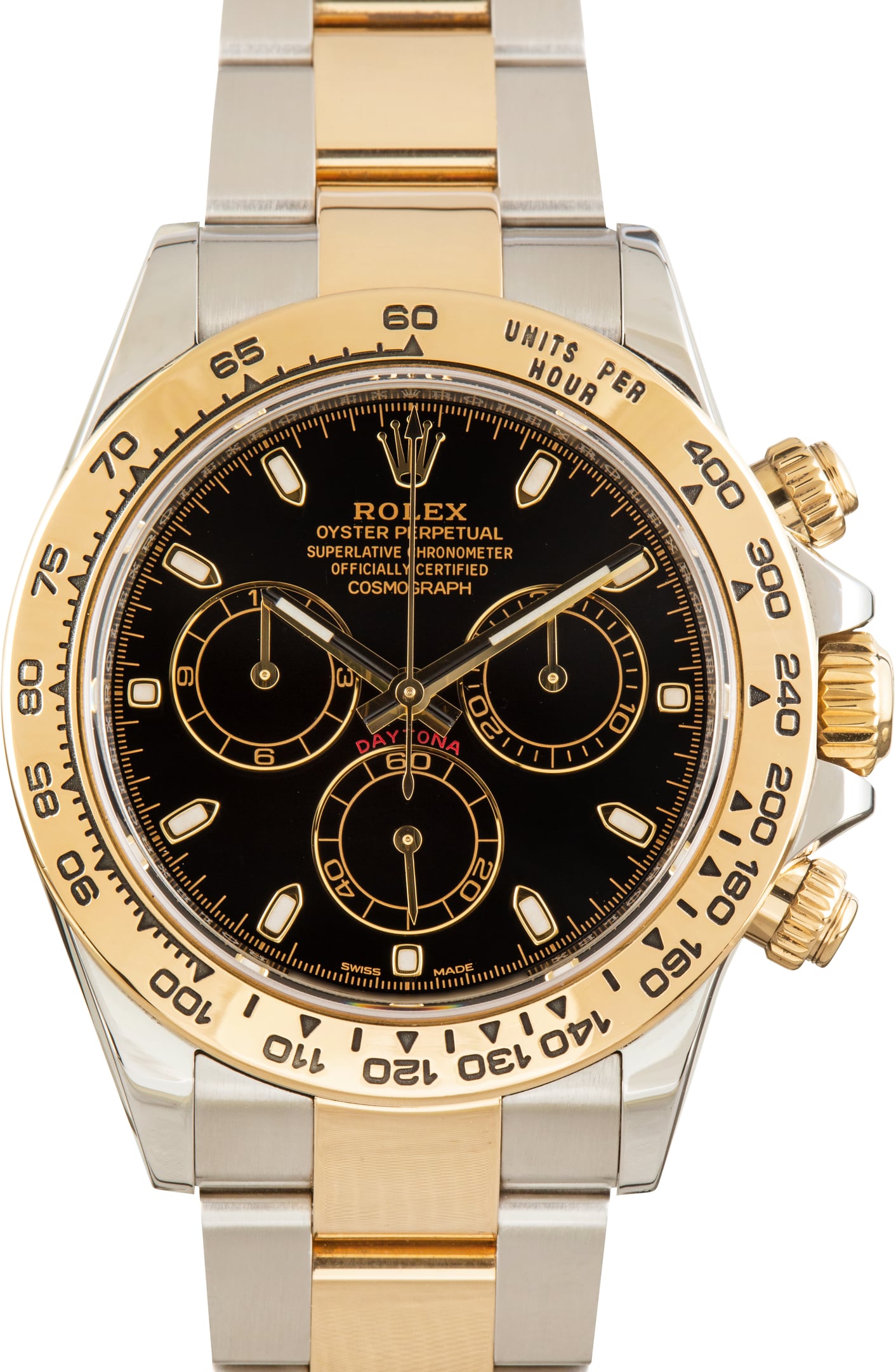 Pre-owned two-tone Rolex Daytona 116503 with black dial and yellow-gold bezel