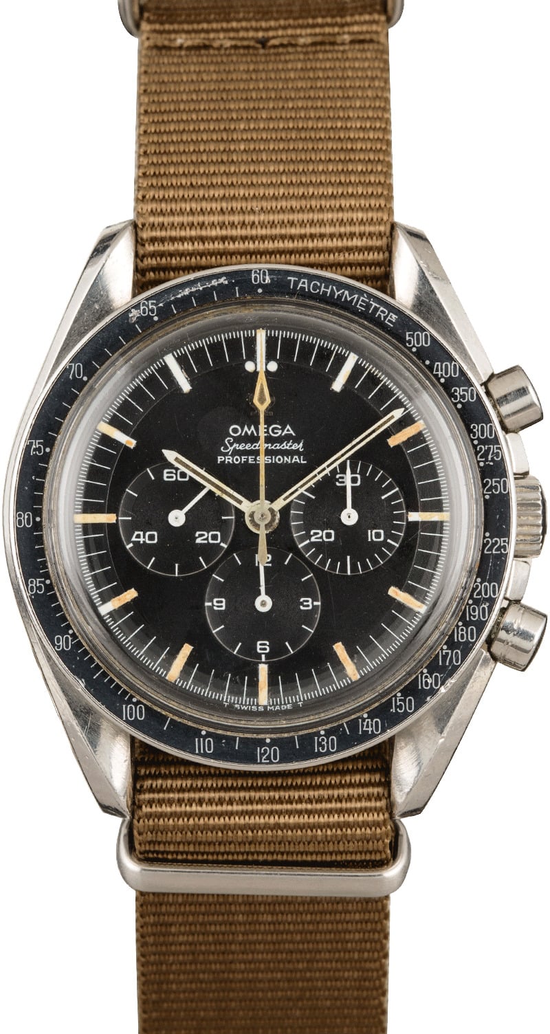 Pre-owned vintage Omega Speedmaster 145.012 calibre 321 with patinated black dial