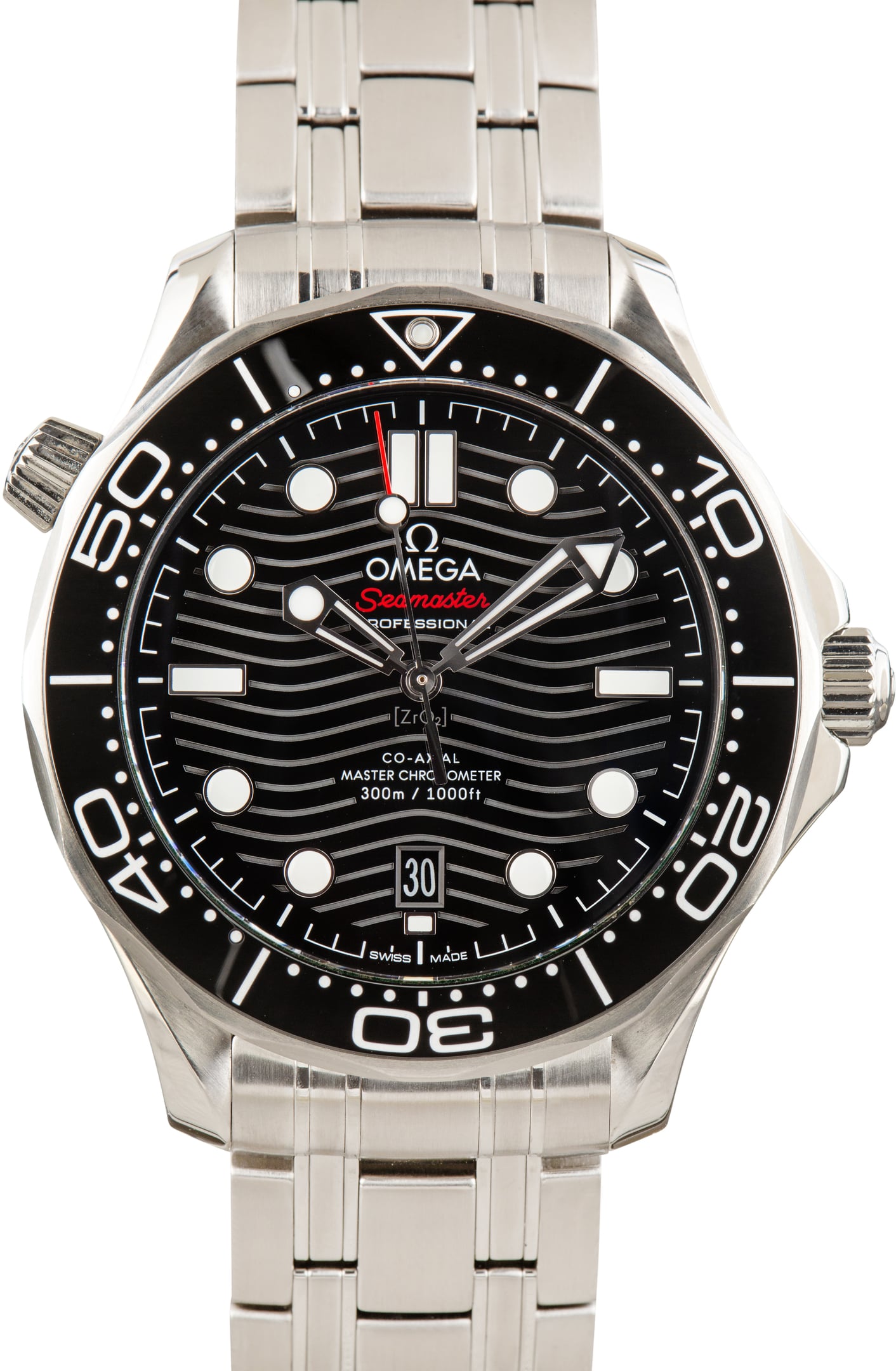 Pre-owned Omega Seamaster Diver 300M with black ceramic wave dial on steel bracelet
