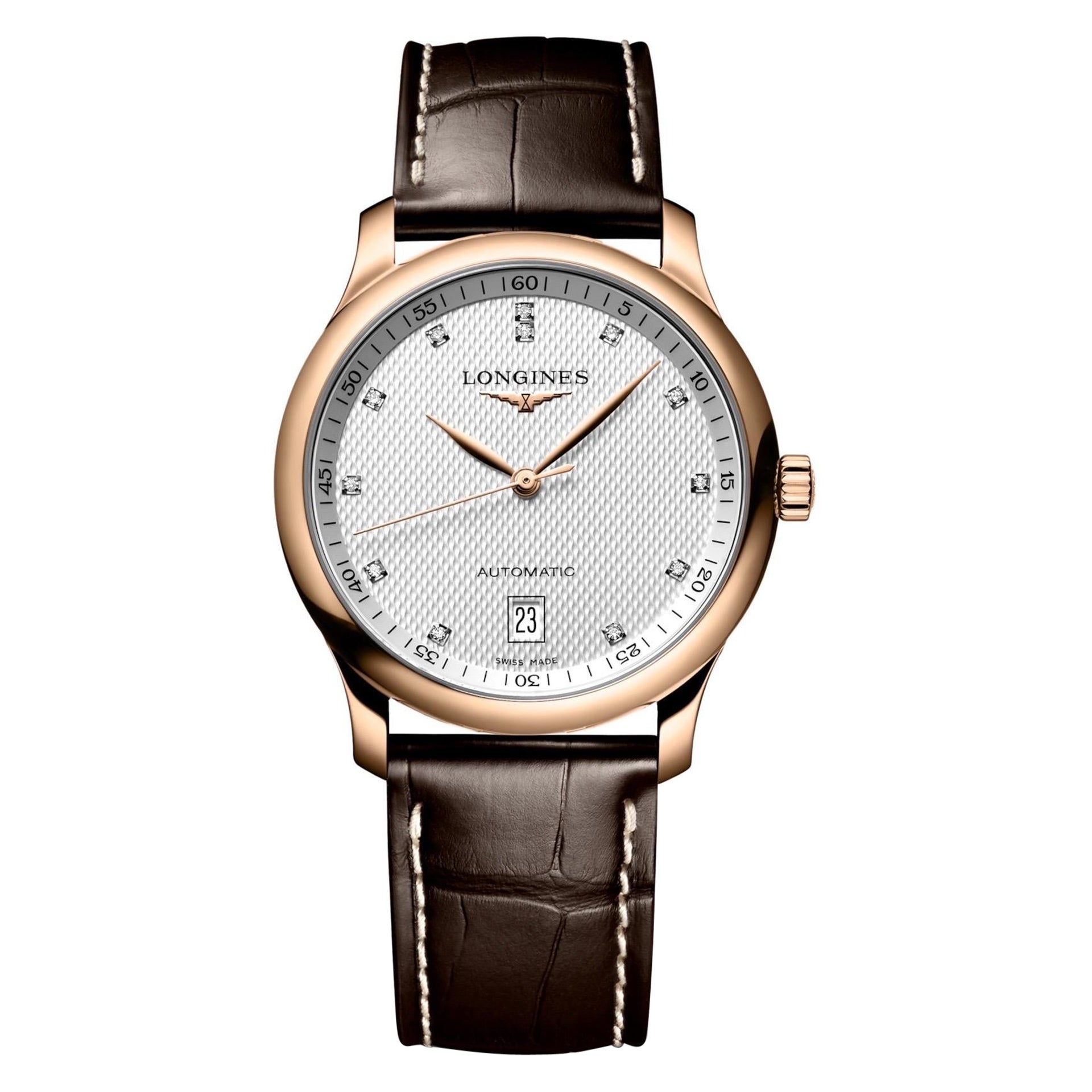 Pre-owned Longines Master Collection in 18k pink gold with diamond markers on a leather strap