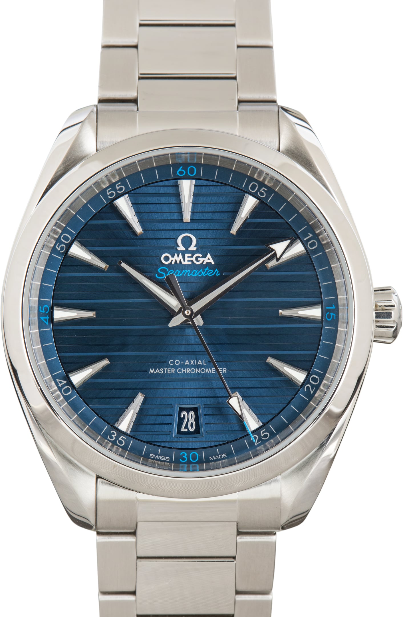Omega Seamaster Aqua Terra 150M, 41mm steel, blue horizontal-teak dial with the current co-axial Master Chronometer movement.