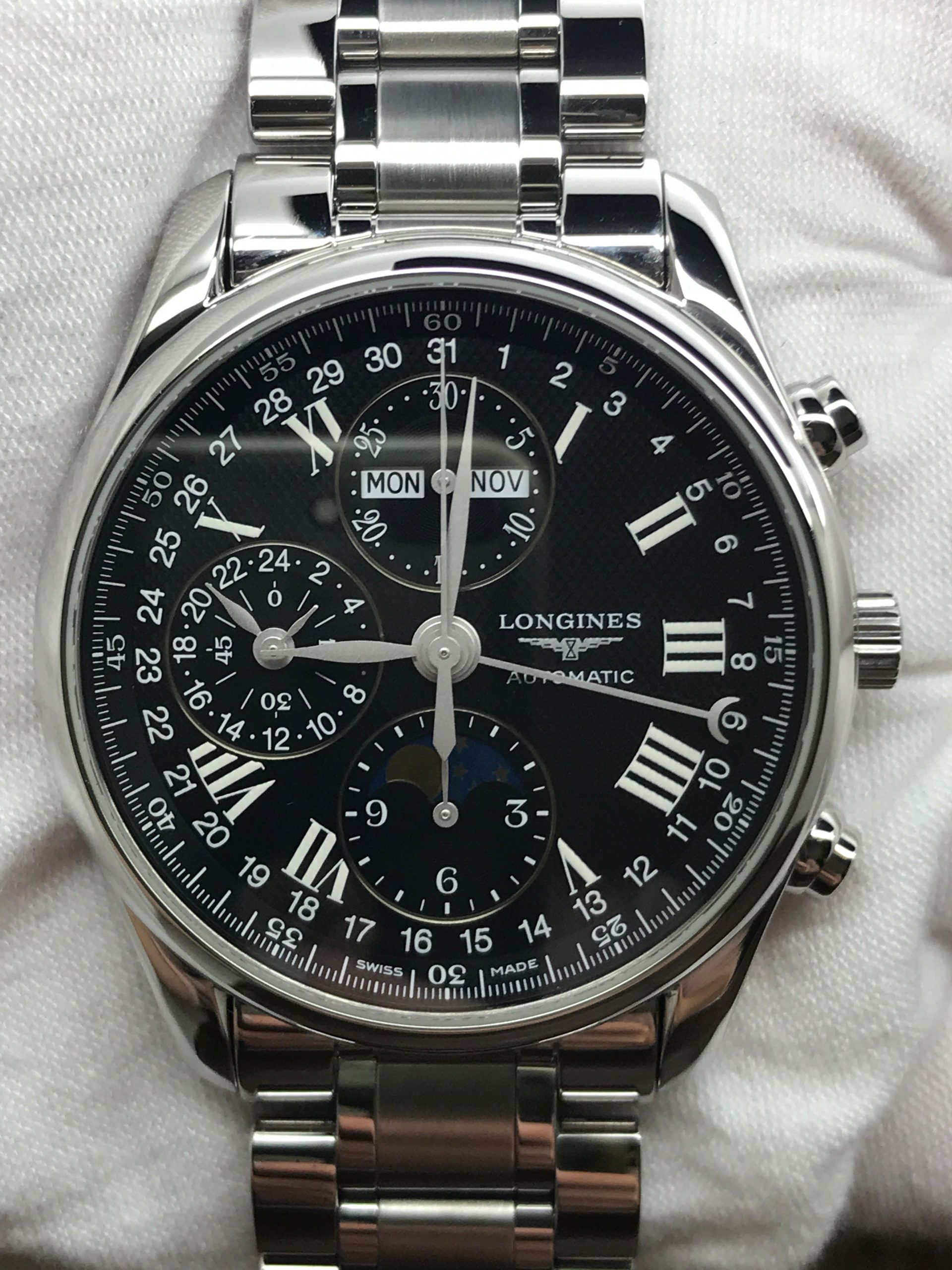 Pre-owned Longines Master Collection moonphase chronograph with black Roman-numeral dial