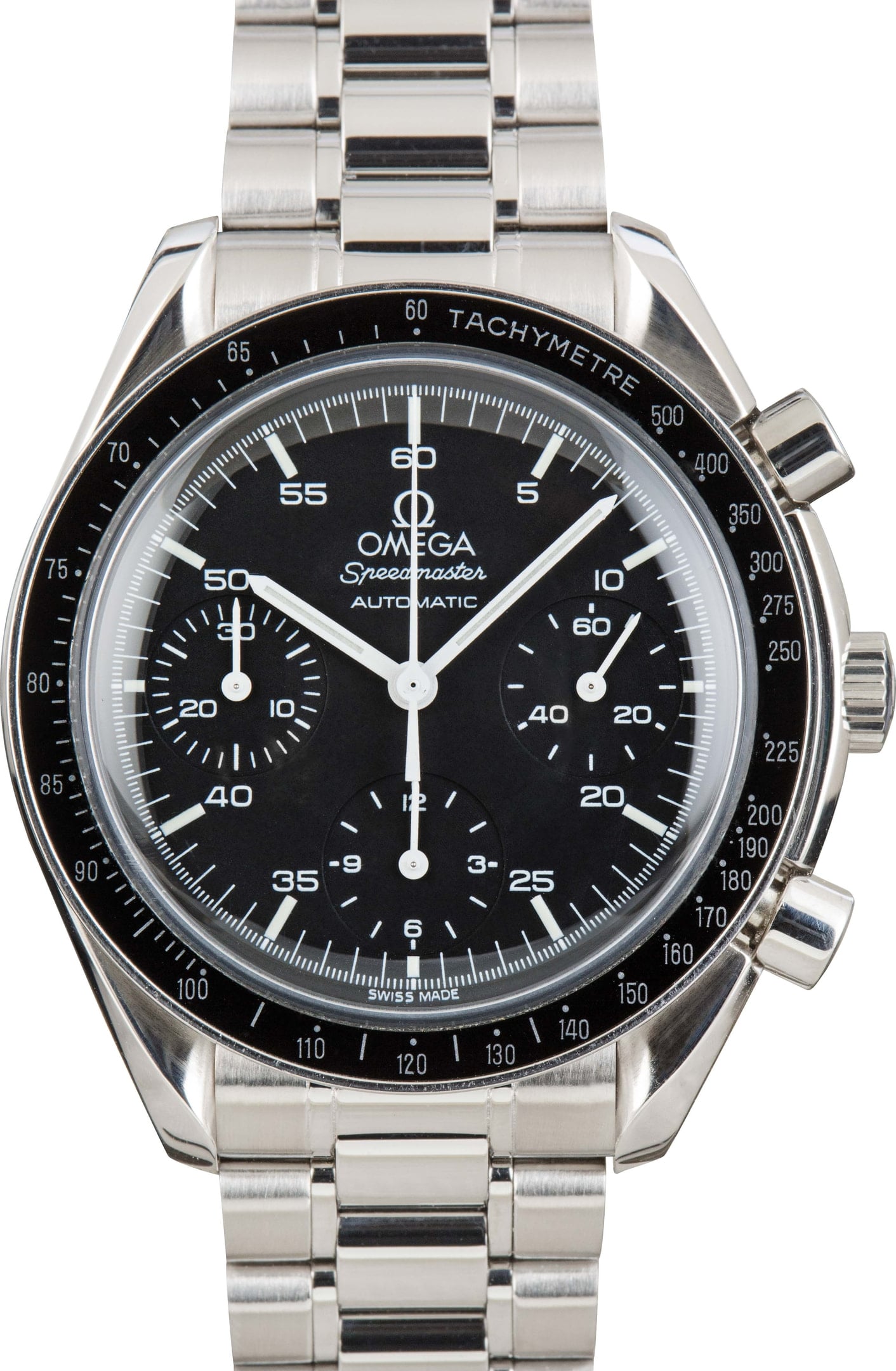 Omega Speedmaster Reduced, 39mm automatic — the smaller, more affordable entry, but not the Moonwatch.