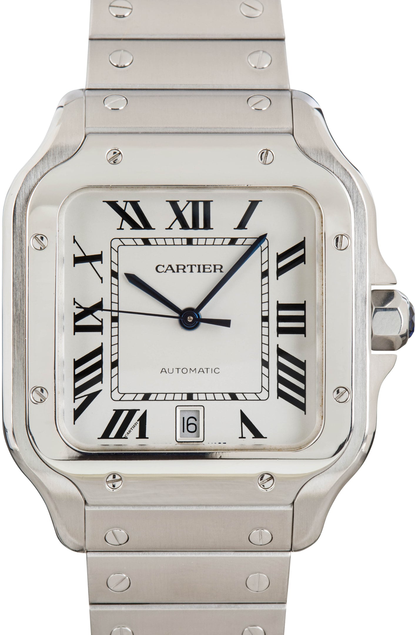 Pre-owned steel Cartier Santos de Cartier with silvered Roman-numeral dial and exposed bezel screws
