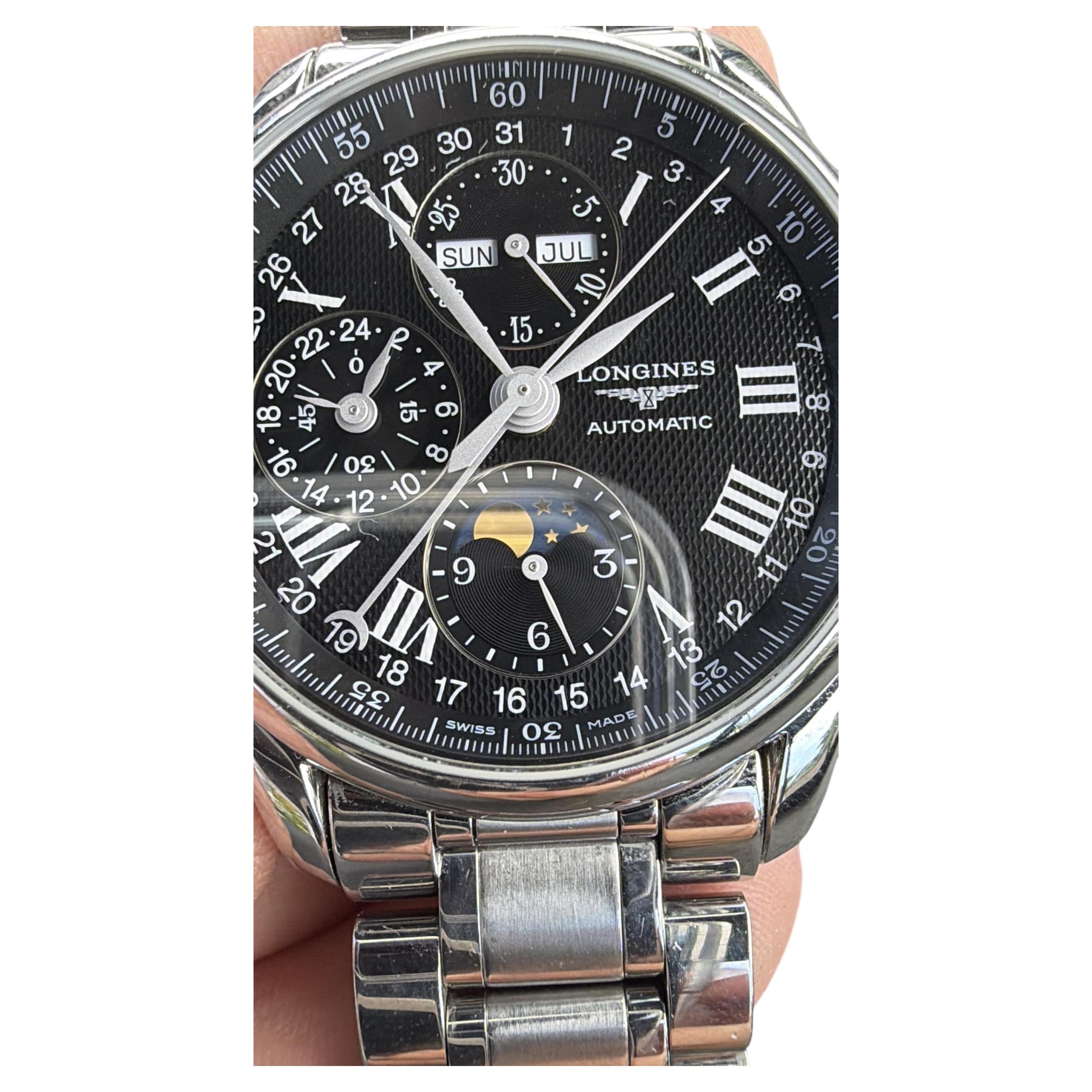 Pre-owned Longines Master Collection moonphase chronograph in steel, silver barleycorn dial